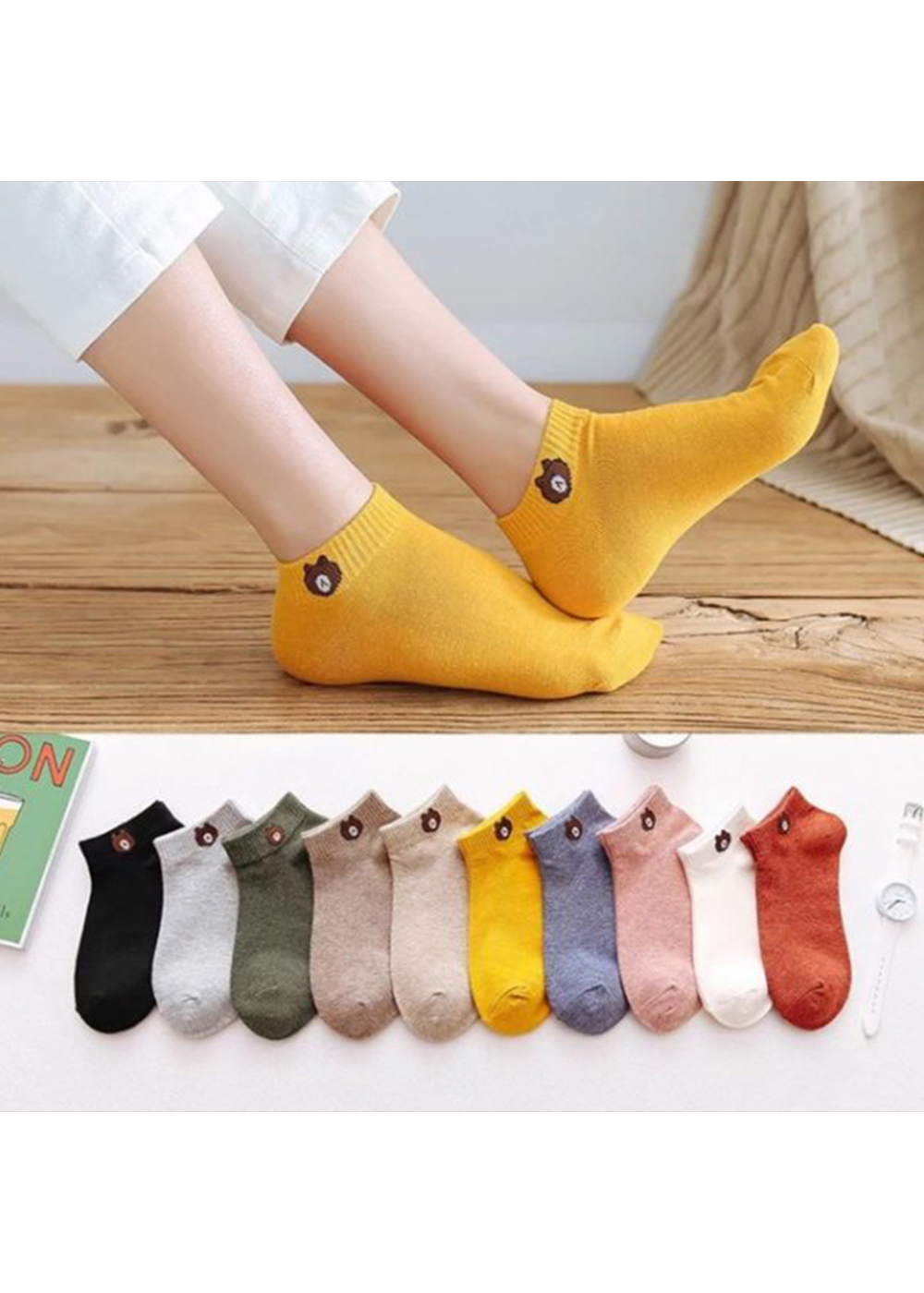 Combo 10 Đôi Tất gấu nữ dễ thương cổ ngắn kèm túi Freesize