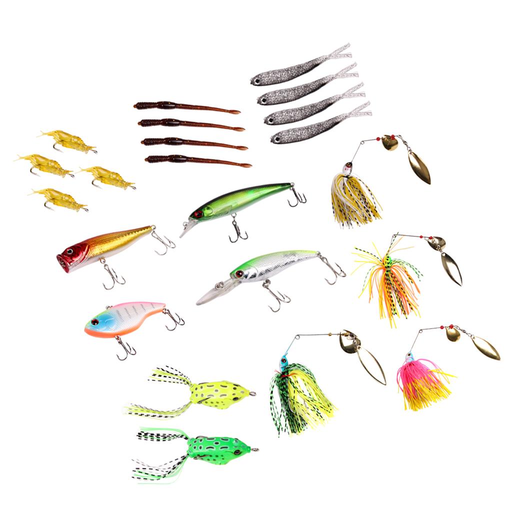 22pcs Fishing Lures Kit Soft Hard Baits Bass Popper Shrimp Minnow VIB Bait with Box for Freshwater Saltwater