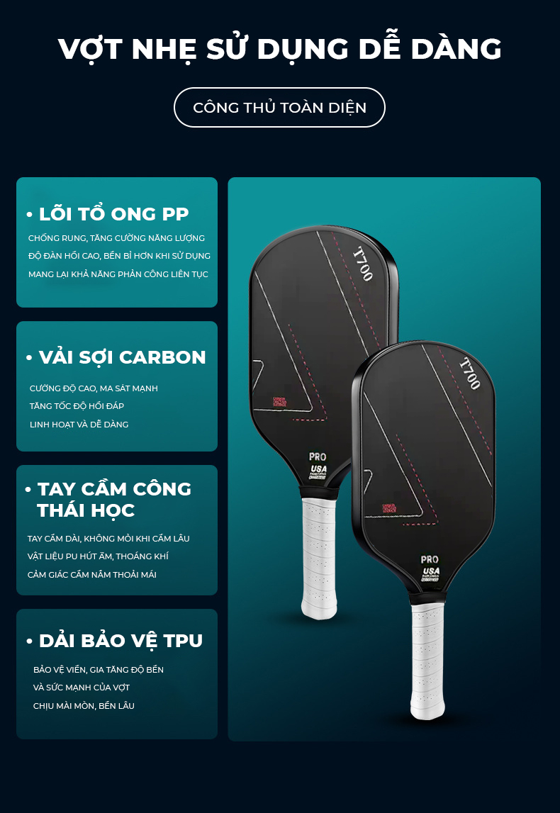 Vợt Pickleball Carbon T700 Pro mặt vợt phủ cacbon, khối lượng siêu nhẹ mặt nhám bám bóng 16mm - PK07