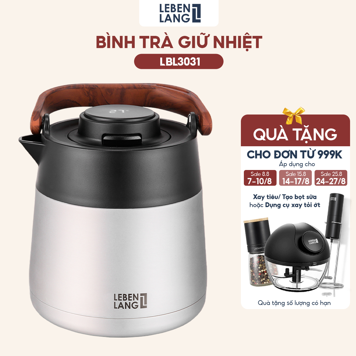 Bình pha trà giữ nhiệt inox 304 có lõi lọc trà Lebenlang LBL3031, dung tích 1000ml - hàng chính hãng