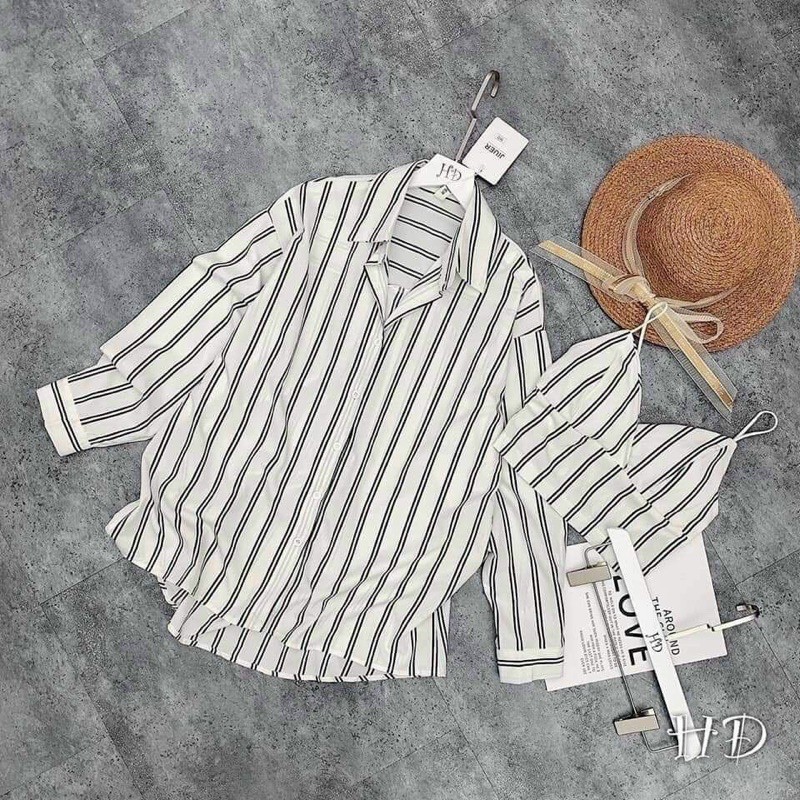 Bộ Áo Sơ Mi Kẻ Áo Bra Nữ 2 Dây Set Somi Dài Tay Kèm Áo Lót Có Mút Ngực X023