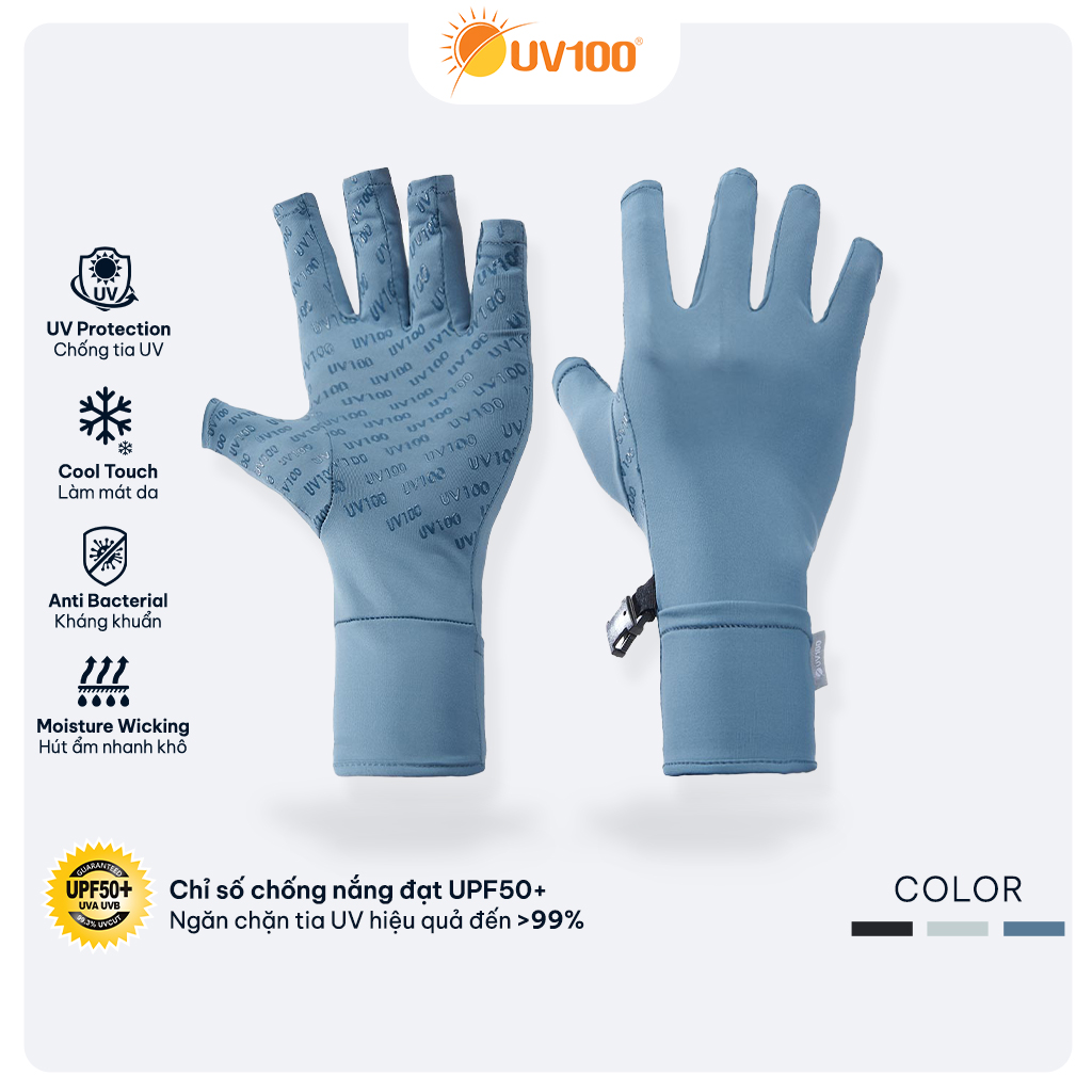 Găng tay chống nắng hở ngón chống tia UV UPF50+ chất vải thoáng mát, kháng khuẩn UV100 KC22421