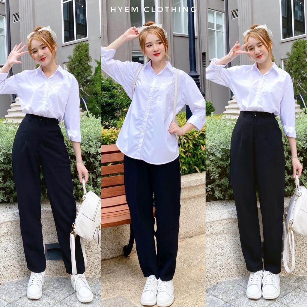 Quần Tây Nữ Nút Giữa Lưng Cạp Siêu Cao Dáng Baggy Suông Dài Basic Đi Học Công Sở Cao Cấp-Có Bigsize