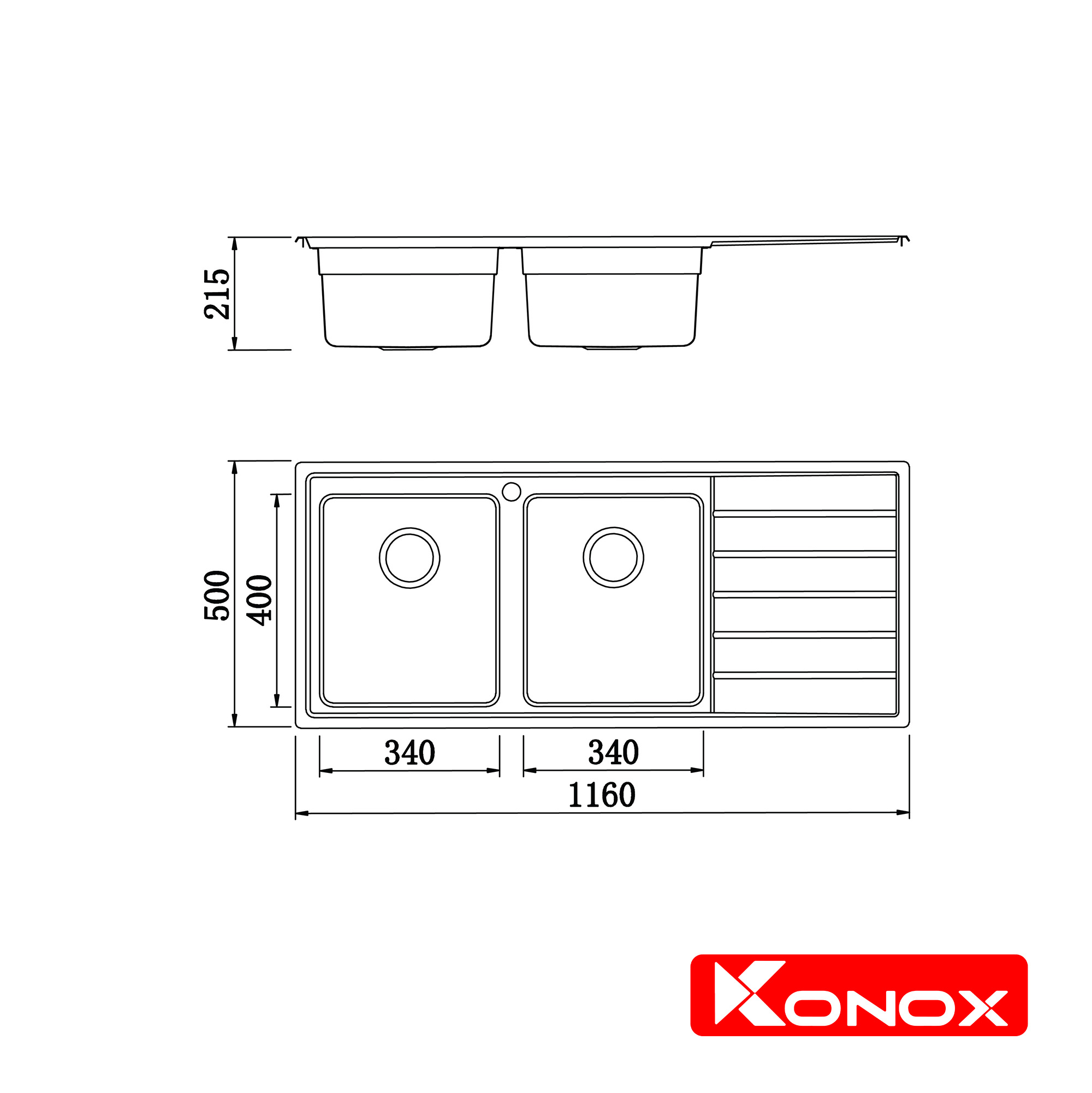 Chậu rửa bát Konox, European Series, Model Premium KS11650 2B , Inox 304AISI tiêu chuẩn châu Âu, 1160x500x215(mm), Hàng chính hãng