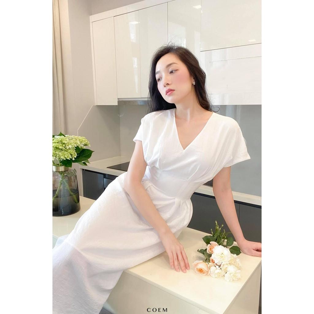 Đầm Midi Cổ Xẻ Chiết Eo Chất Liệu Linen Premium Màu Trắng CO EM Thiết Kế Thanh Lịch Nữ Tính Phù Hợp Công Sở Đi Tiệc