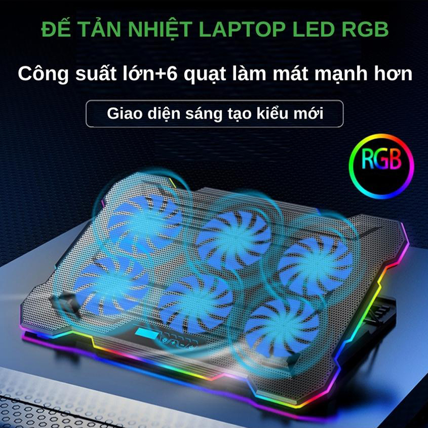 Đế tản nhiệt laptop S103 có 6 quạt làm mát nhanh chống ồn đèn LED RGB điều chỉnh độ cao 6 mức trang bị màn hình LCD giúp tăng hiệu năng bảo vệ máy tính