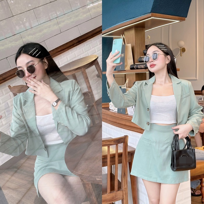 ĐẦM SET ÁO KHOÁC VEST BLAZER LỬNG SUÔNG TRƠN TAY DÀI XANH PASTEL + CHÂN VÁY CHỮ A NGẮN LƯNG CAO + ÁO CROPTOP 2 DÂY ĐI TIỆC DẠO PHỐ ĐI CHƠI CÔNG SỞ