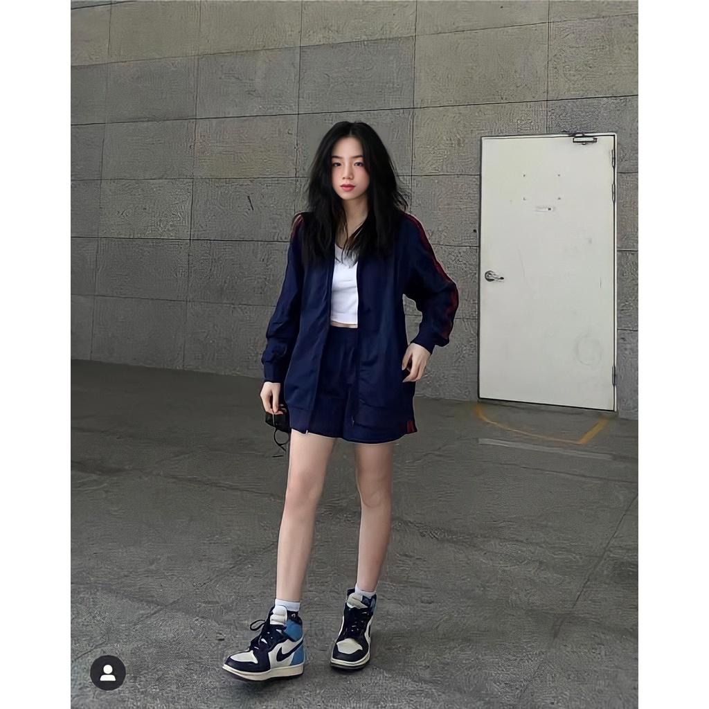 Áo Khoác Nỉ Nam Nữ Unisex Tay Phối Sọc Đỏ Màu Xanh Than