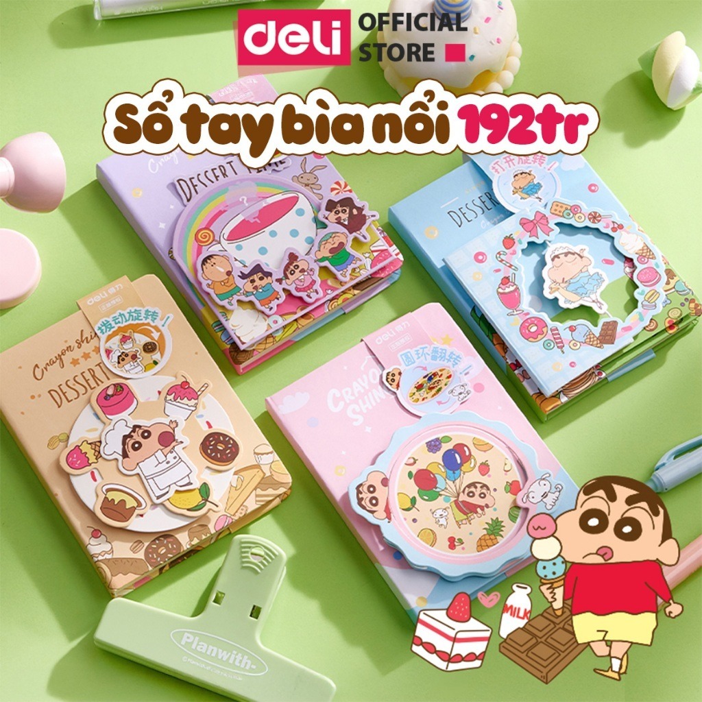Sổ tay bìa nổi Shinnosuke Deli - Mẫu random - 192 trang nhỏ gọn, hoạ tiết đa dạng, chống thấm cho học sinh, sinh viên