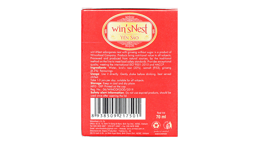 Combo 12 lọ Yến Sào Win'snest Tổ Yến Chưng Sẵn Nhân Sâm Không Đường 20% (70ml/ Lọ)