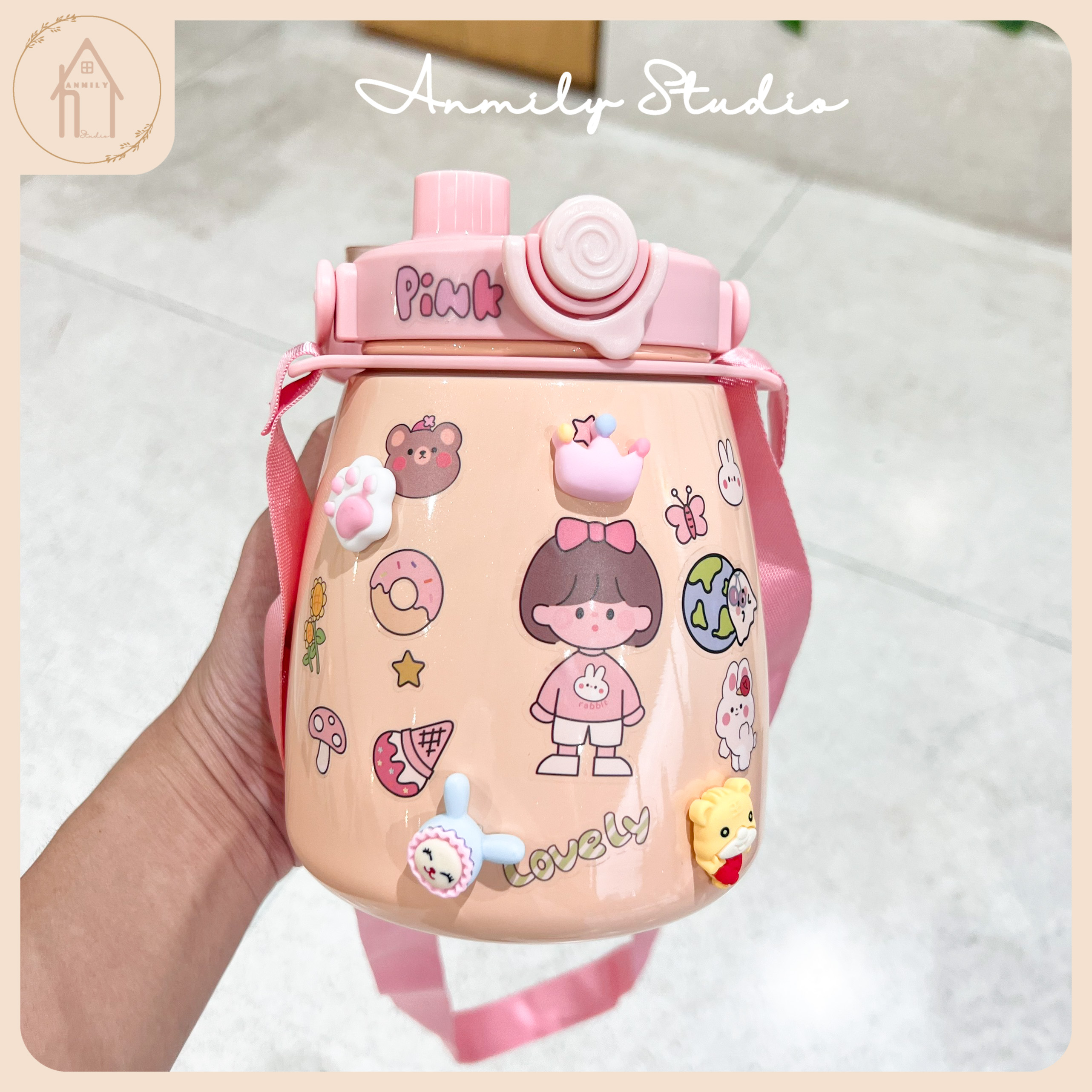 Bình Giữ Nhiệt Cute Chất Lượng Cao Dung Tích Lớn 1000ml Có Ống Hút Kèm Theo, Tặng Sticker 2D, 3D