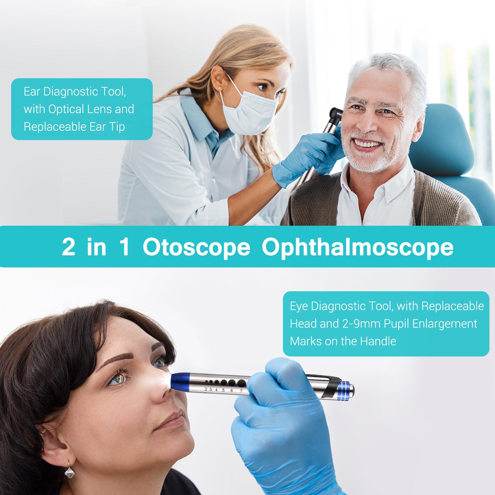 2 in 1 Otoscope and Eyes Diagnostic Tool Kit with LED Light 4mm Replaceable Ear Tips Portable Stainless Steel Handheld Optical Otoscope Ears Diagnostic Supplies