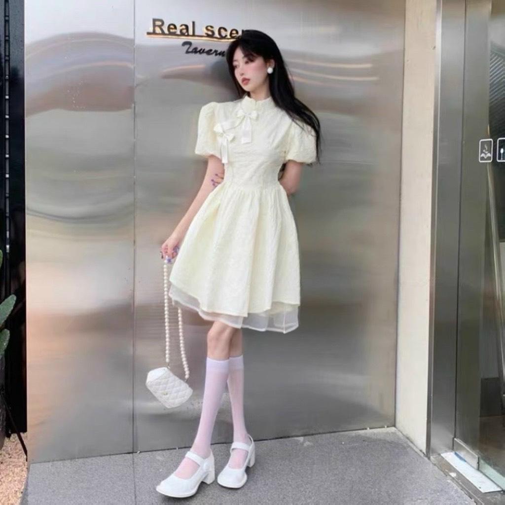 ĐẦM XOÈ GẤM CỔ TÀU PHỐI LƯỚI ĐÍNH NƠ 14029