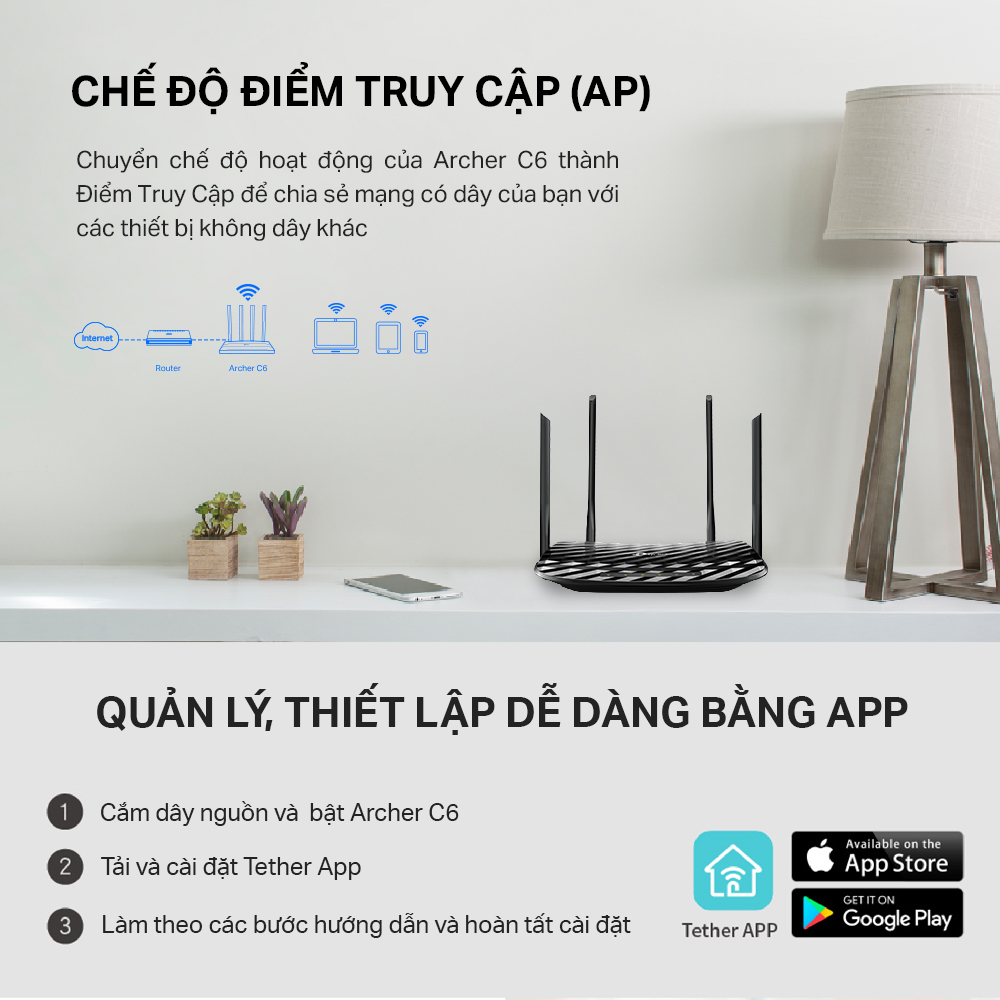 Router Wifi Băng Tần Kép TP-Link Archer C6 Gigabit AC1200 MU-MIMO - Hàng Chính Hãng