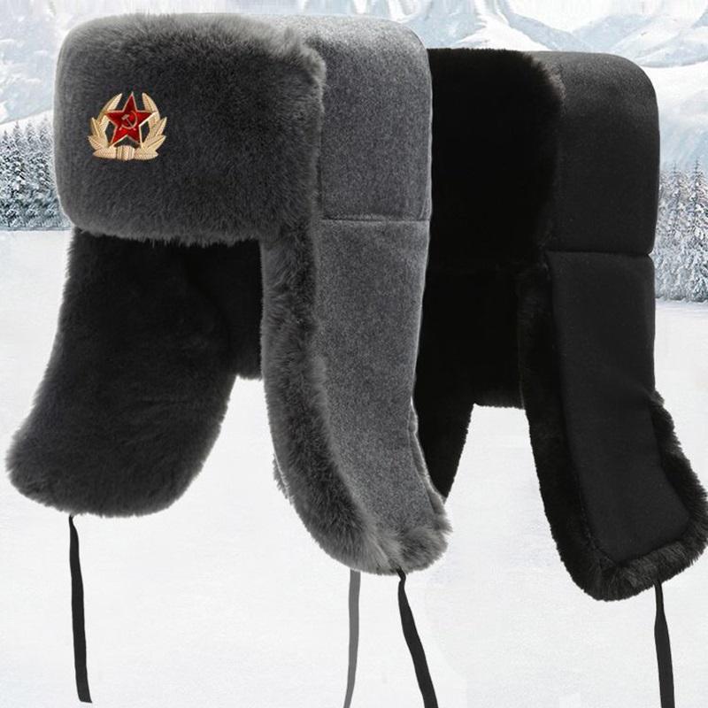 CAMOLAND Chất Lượng Cao Ấm Lông Thú Giả Máy Bay Ném Bom Nón Nam Nữ Liên Xô Huy Hiệu Nga Ushanka Phi Công Mũ Chống Gió Earflap Nắp Trượt Tuyết mũ Lưỡi Trai