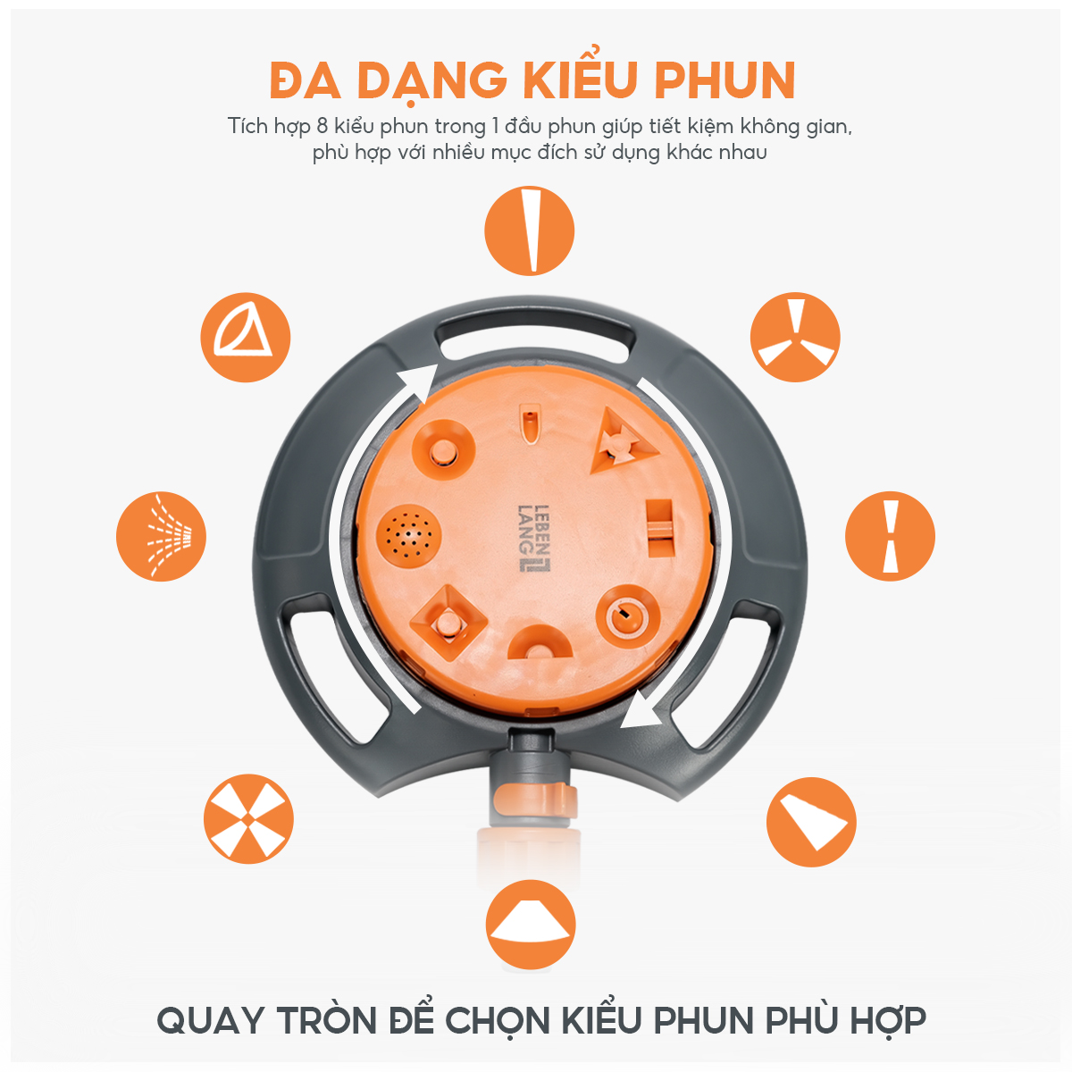 Đầu vòi phun nước tưới cây Lebenlang LBL3369, gồm 8 kiểu phun nước đa dạng khác nhau, thiết kế tiện dụng - hàng chính hãng