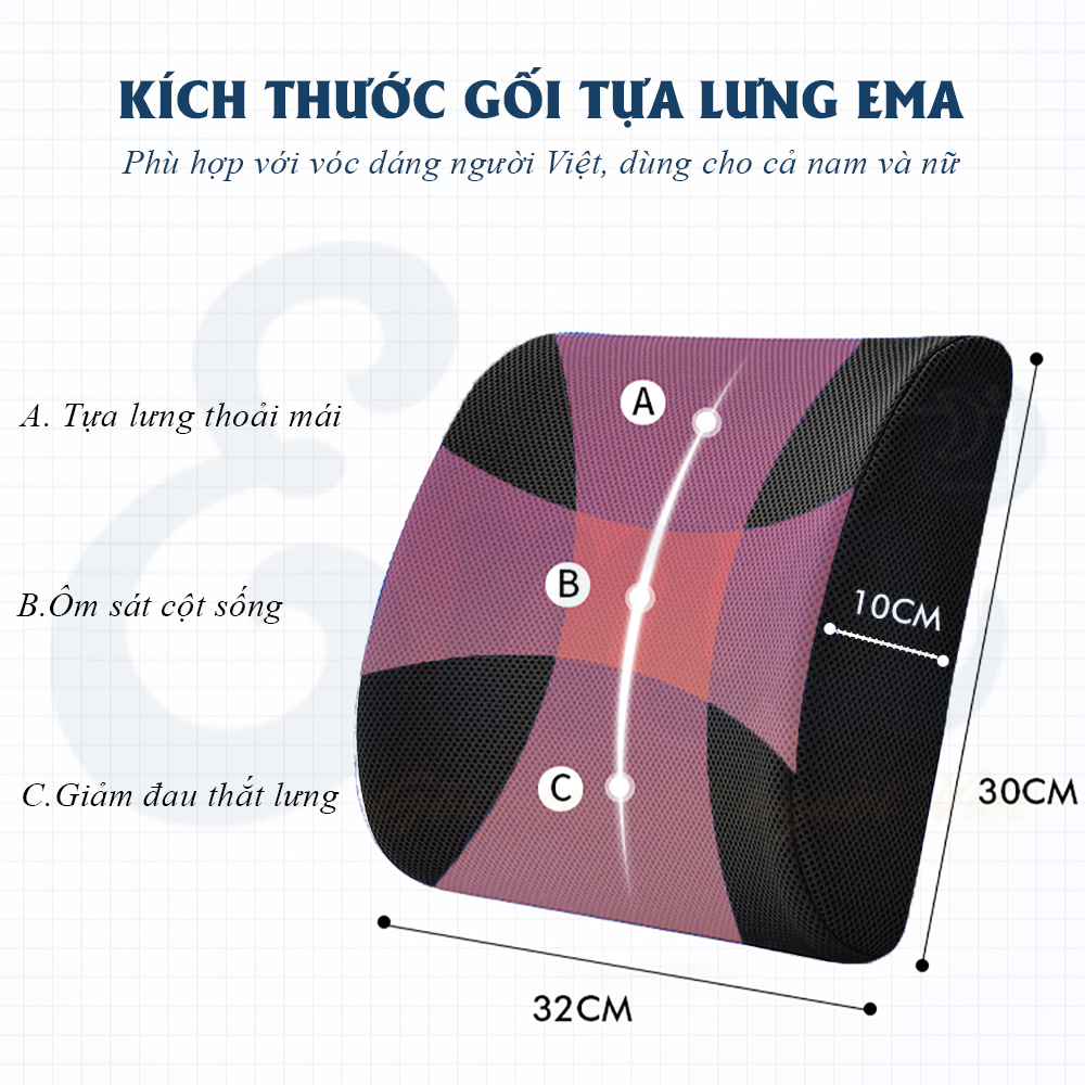 Đệm tựa lưng ghế văn phòng, ô tô cao su non Ema - Vỏ gối 4D tổ ong siêu thoáng - Hàng nhập khẩu