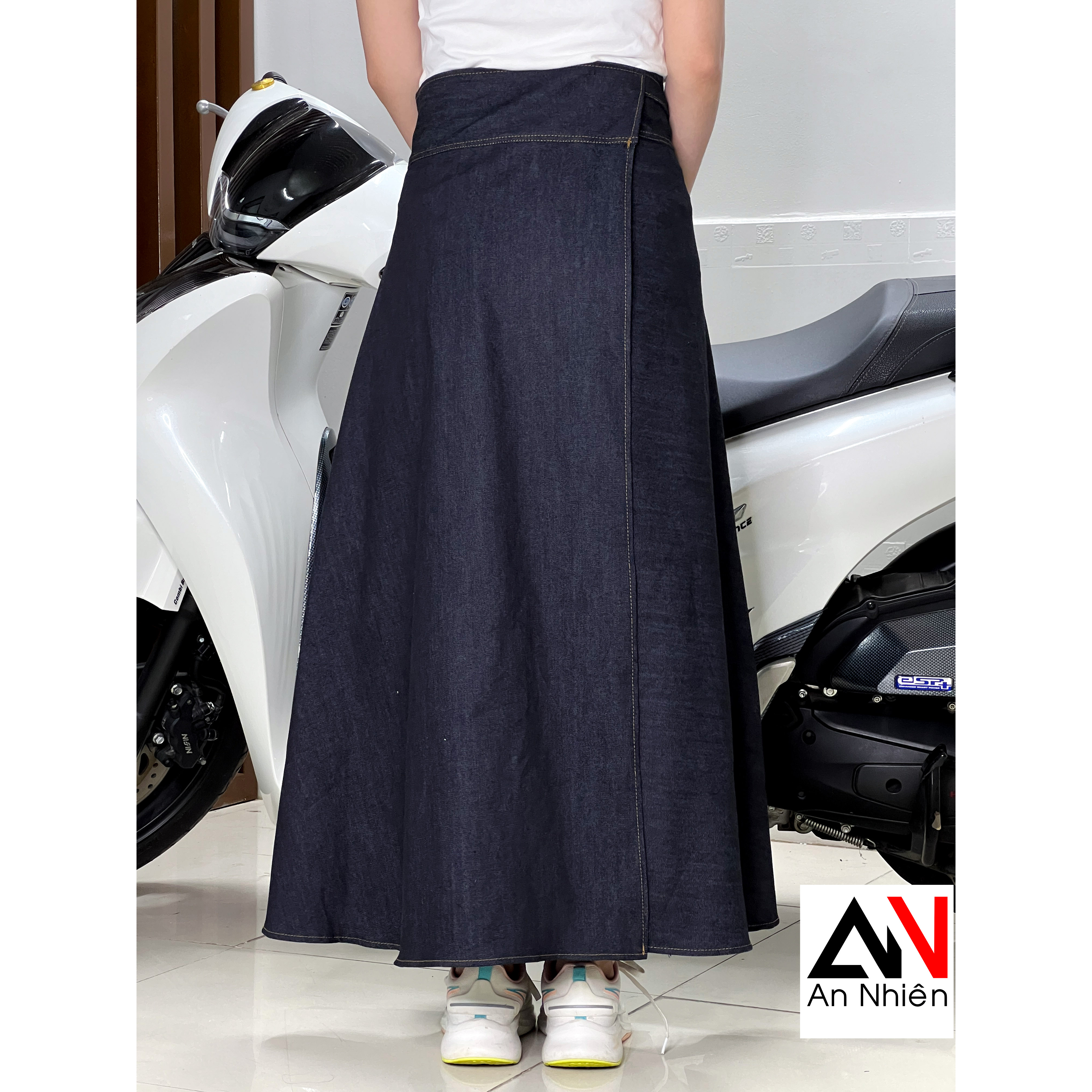 váy chống nắng cột dây chất liệu jean free size eo dưới 100cm