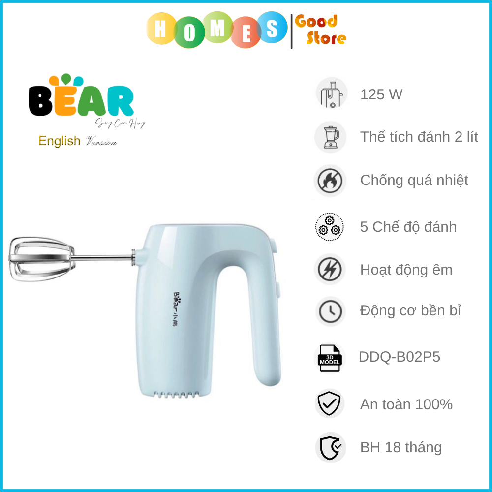 Máy Đánh Trứng Cầm Tay BEAR DDQ-B02P5 Gồm 5 Tốc Độ Công Suất 125 W - Hàng Chính Hãng