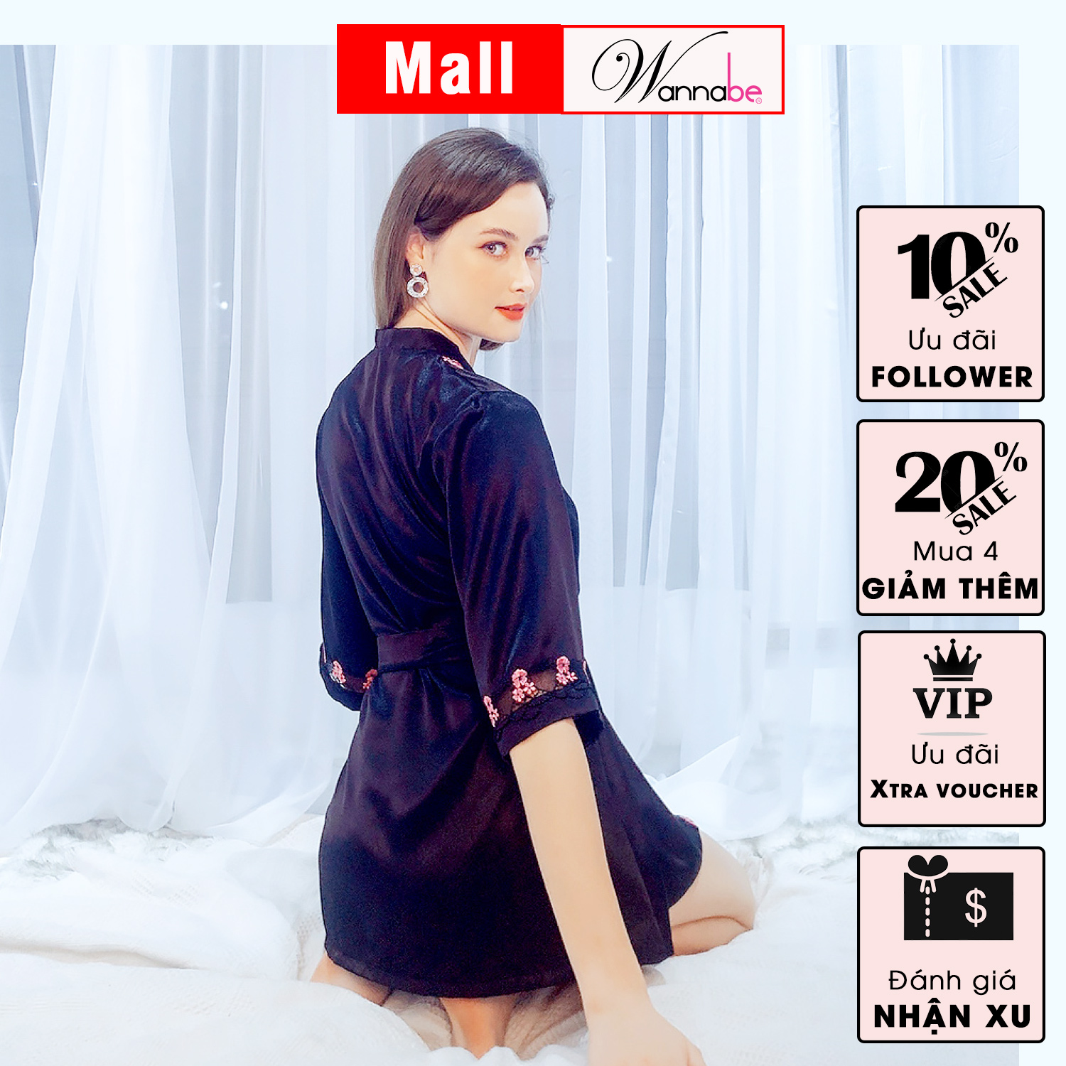 Áo choàng ngủ phi lụa cao cấp/ Kimono Wannabe KIS08 kiểu dáng sang trọng hiện đại