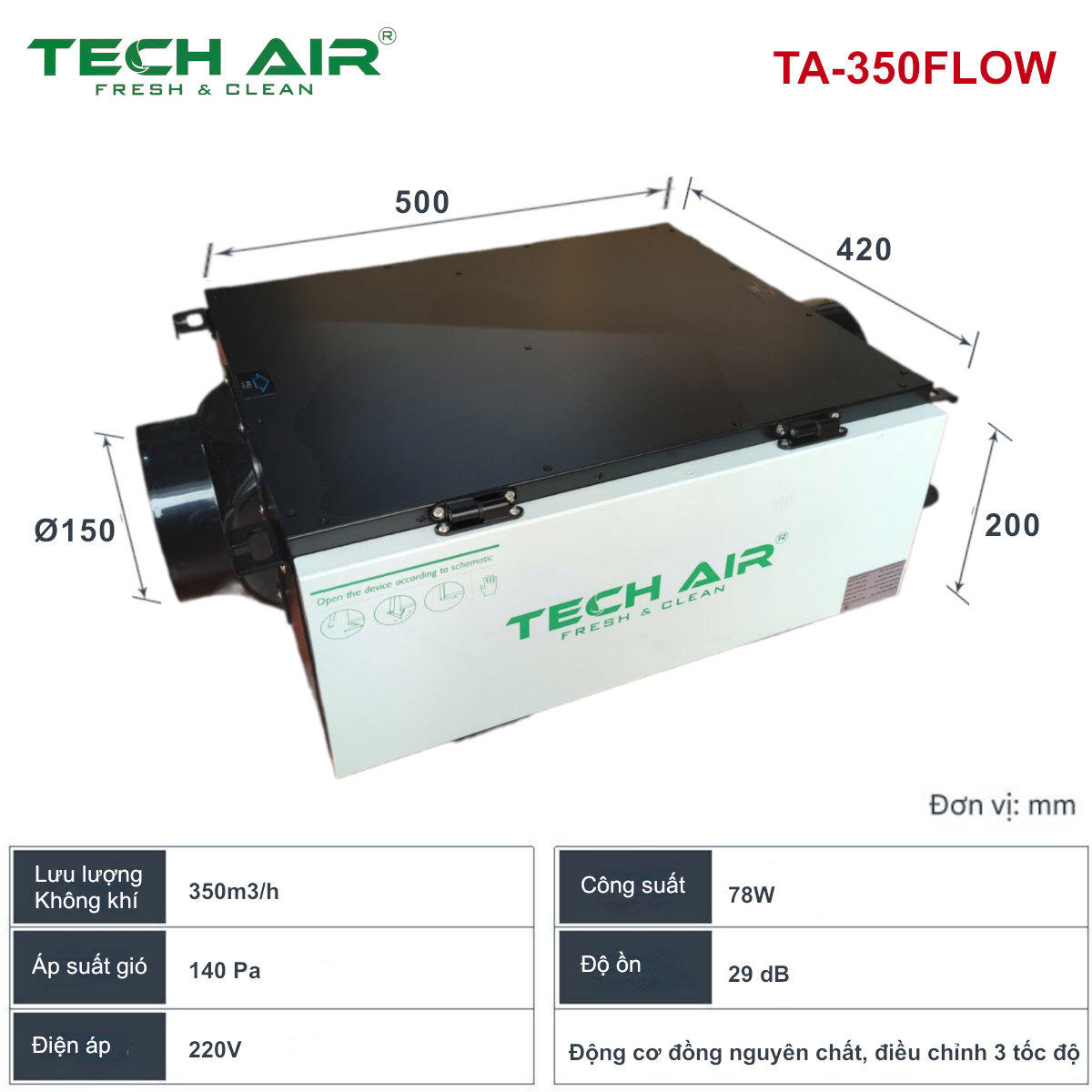 Máy cấp khí tươi Tech Air lưu lượng 350m3/h 4 cấp lọc PM2.5, Hepa công nghệ Nhật Bản - Hàng chính hãng