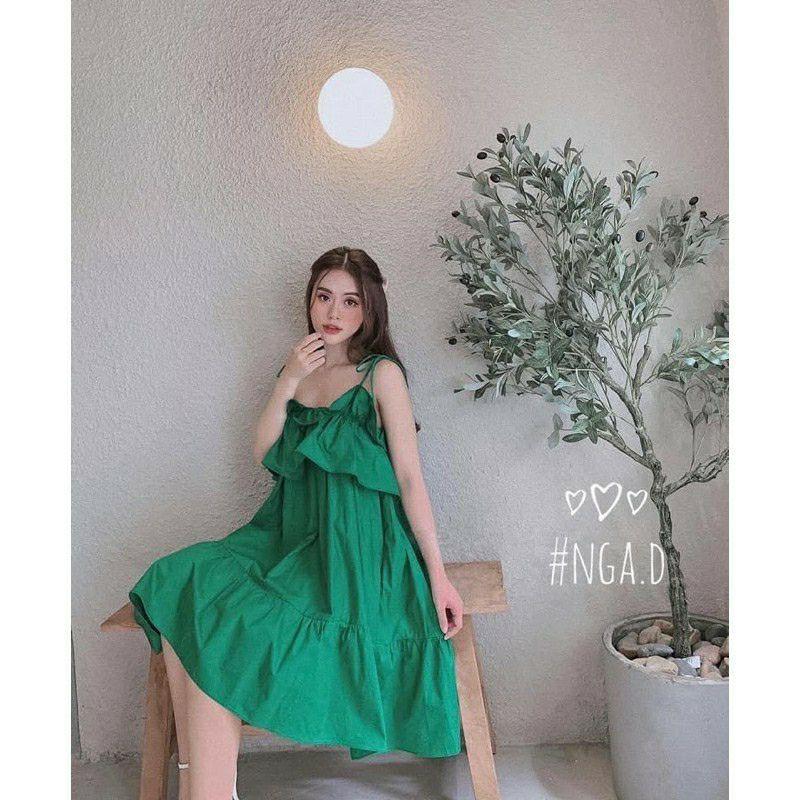 Váy 2 dây hồng babydoll bèo xòe, đầm thiết kế 2 dây đi biển, đầm 2 dây bầu mặc oki