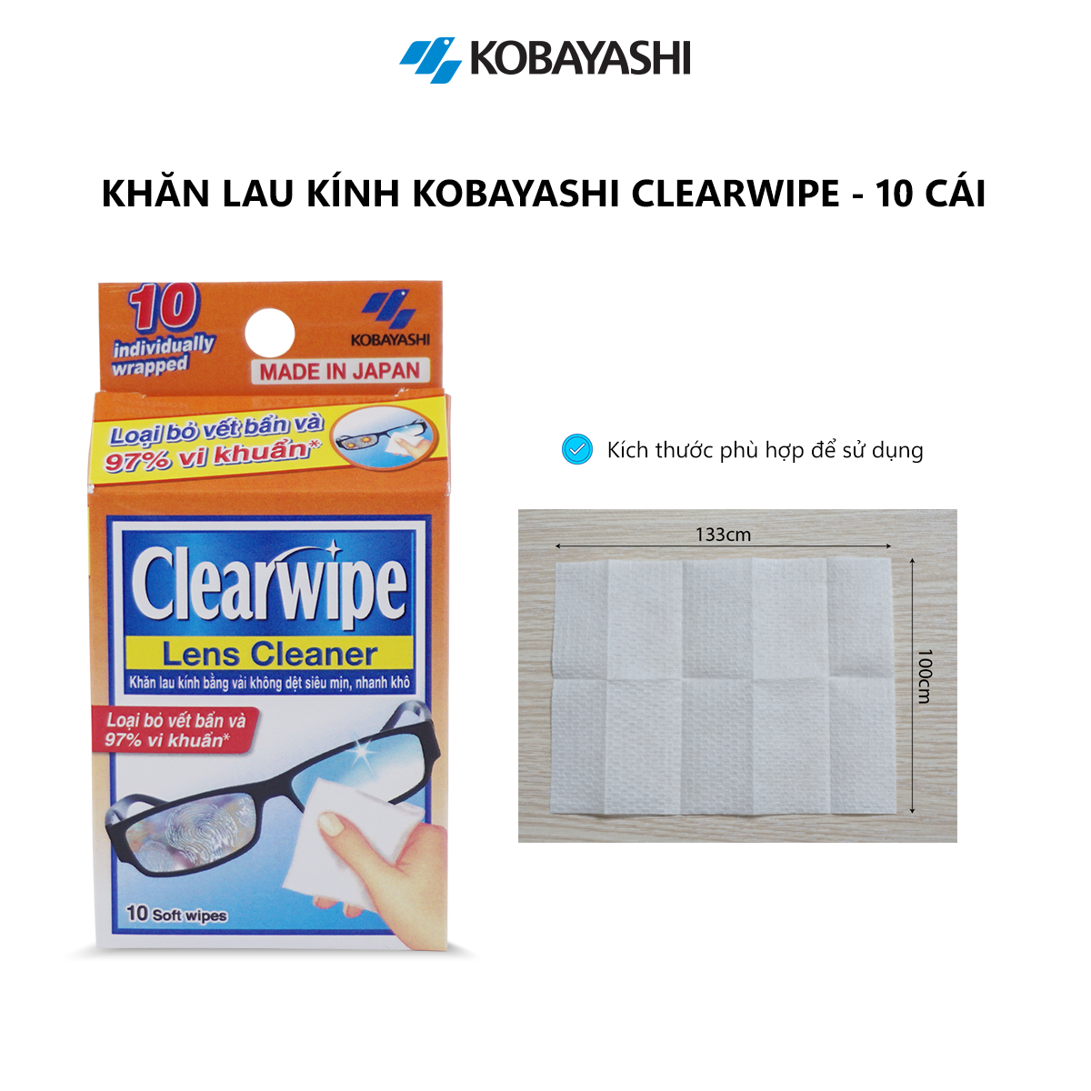Khăn lau kính Kobayashi - Clearwipe - loại bỏ vi khuẩn, vải không dệt mềm mịn, siêu dai, không để lại bột giấy khi lau