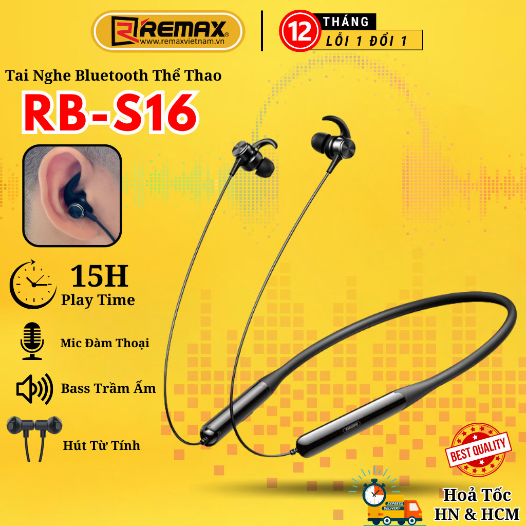 Tai nghe thể thao bluetooth không dây Remax RB-S16 Giảm tiếng ồn , âm thanh nổi HiFi Có Mic , vận động thể thao thoải mái - Hàng Chính Hãng Remax