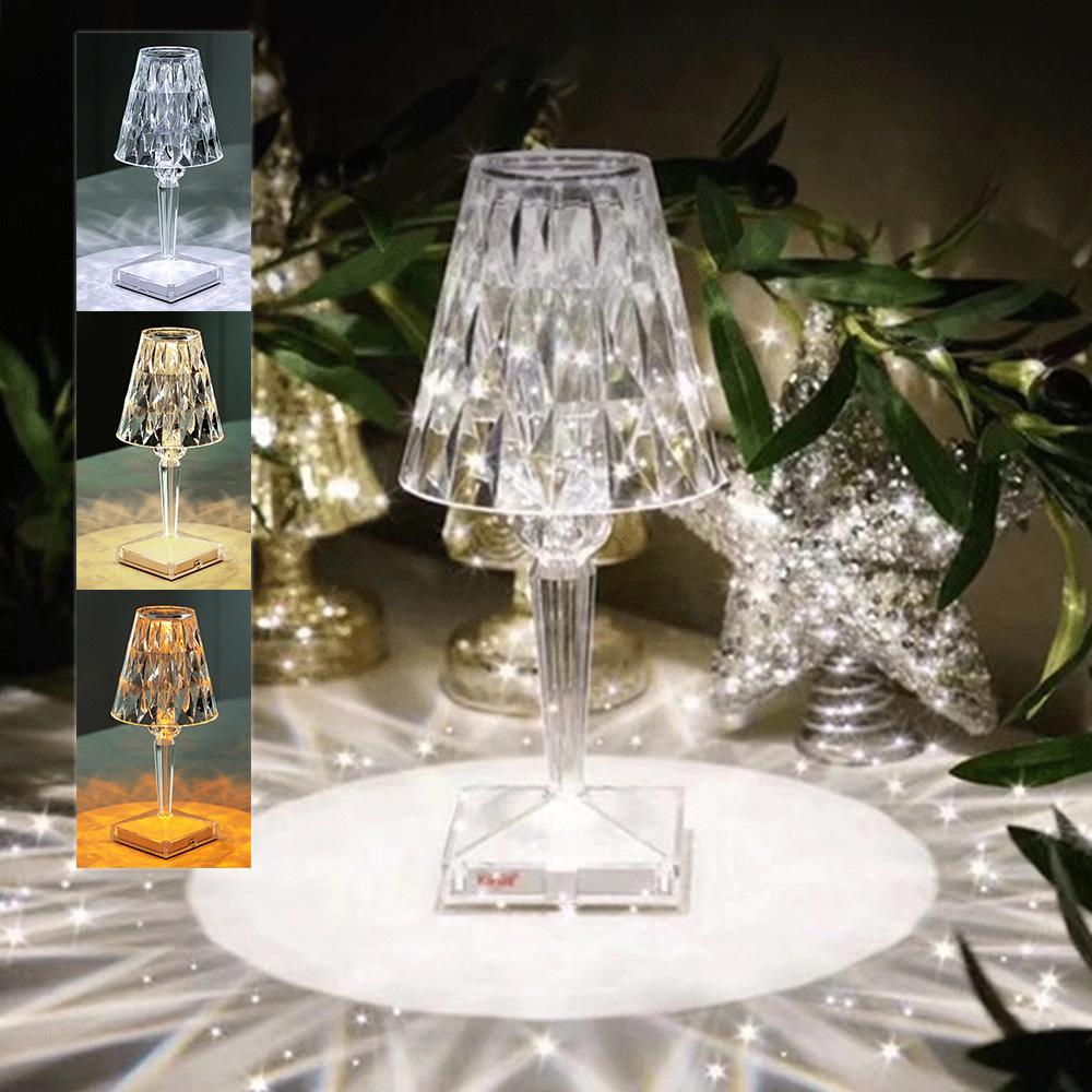 Đèn bàn acrylic kim cương 3 màu chiếu sáng có thể sạc USB điều khiển cảm ứng