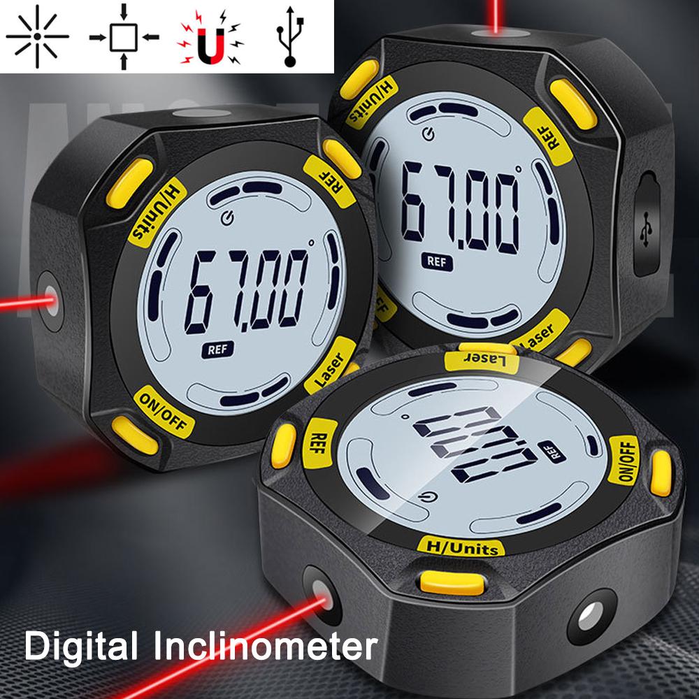5-Sided Strong Magnetic Inclinator Digital Level and Angle Finder Versatile 4 * 90° Inclinometer LCD Display Dipmeter Gauge 4 Unit Switchable with Two Laser Lines