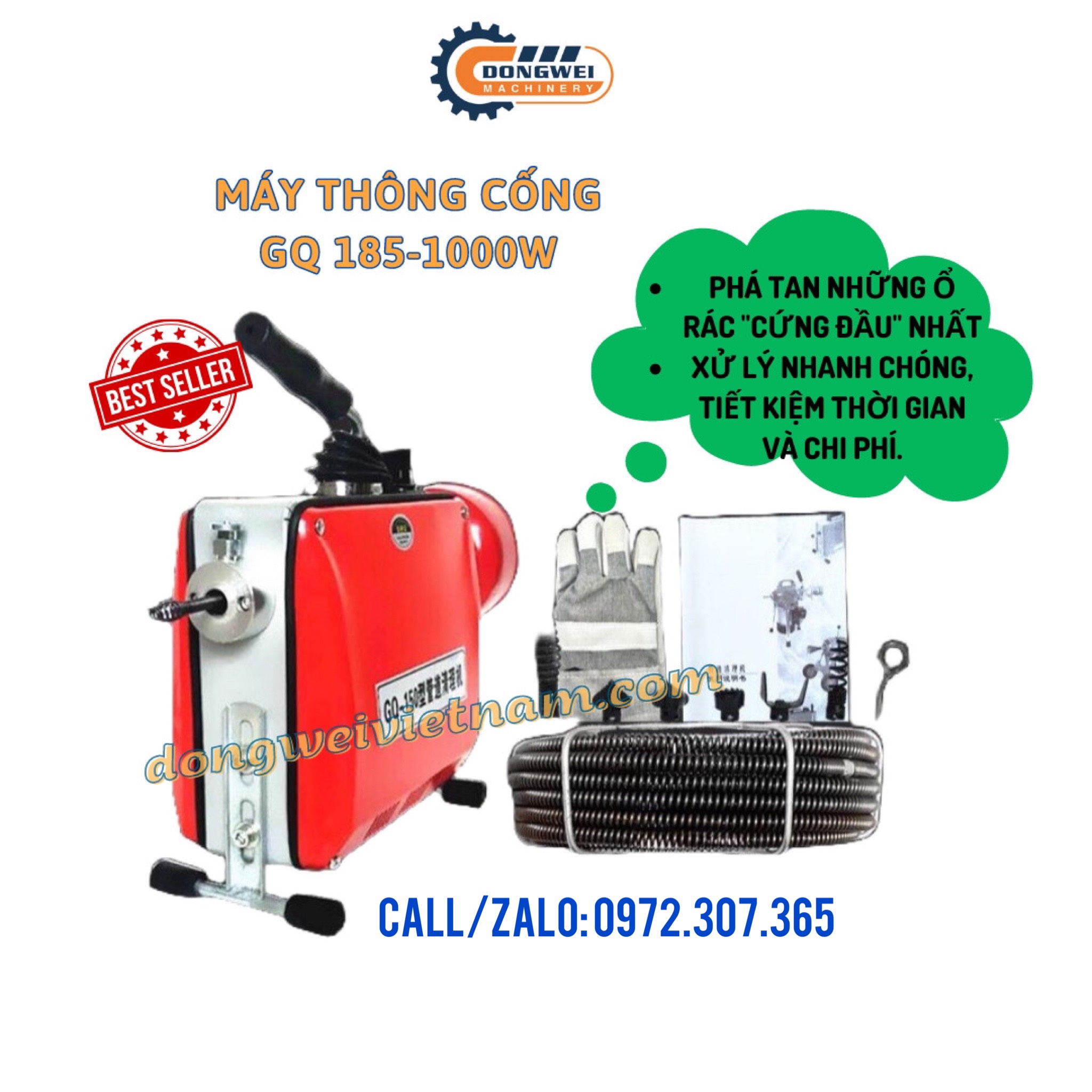 Máy thông tắc GQ185-1000W tặng kèm kèm cuộn dây đường kính 16mm dài 15m và 4,5 mét dây lò xo phi 8