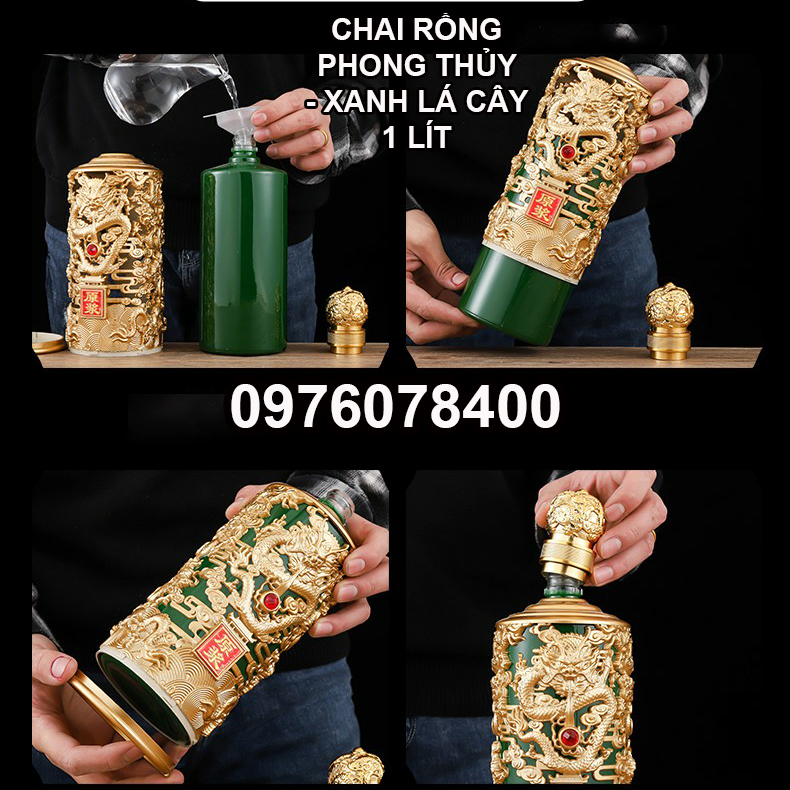 Bình Đựng Rượu Đế Vương Khảm Rồng 1,2L Màu Xanh Lá