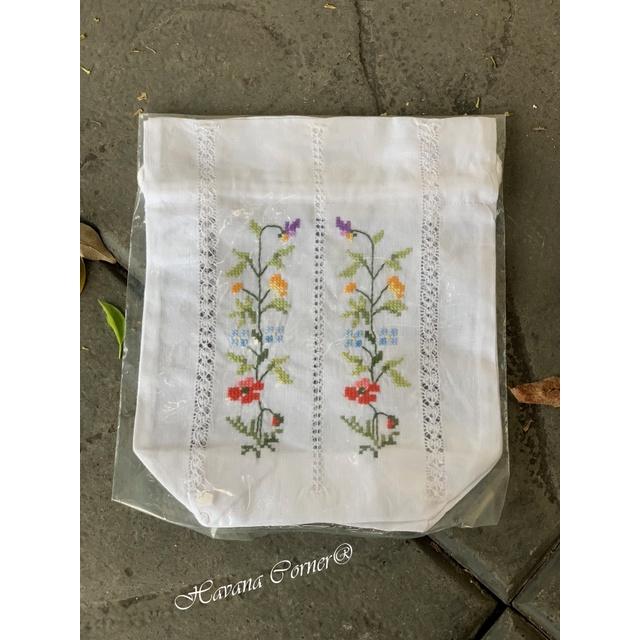 Túi dây rút thêu chữ nhân rút rua hoa nhiều màu size 11*22*7 cm - Vietnam Handmade Pouch With Embroidery