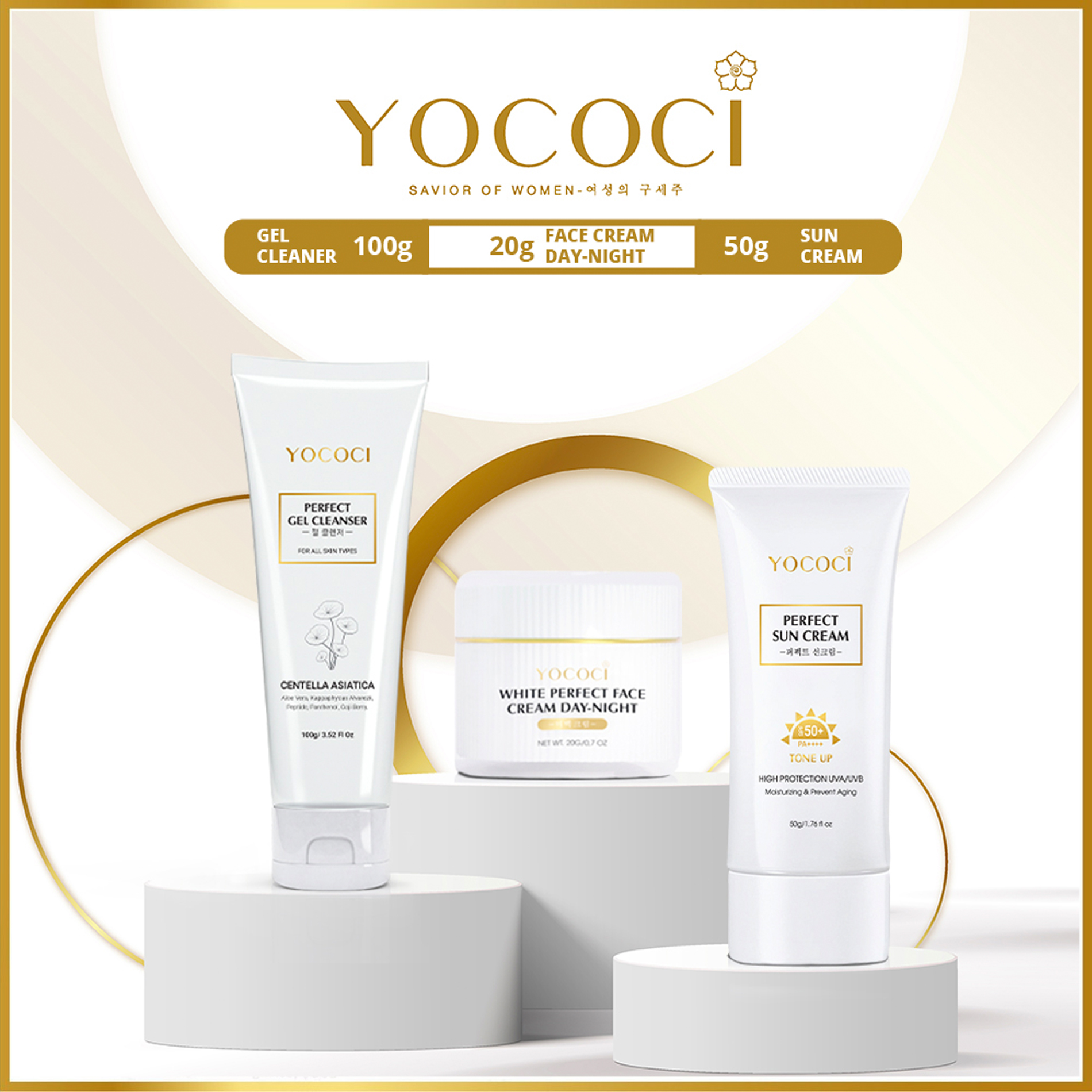 Bộ 3 Sản Phẩm YOCOCI Gồm 1 Gel Rửa Mặt 100g, 1 Kem Face 20g & 1 Kem Chống Nắng 50g