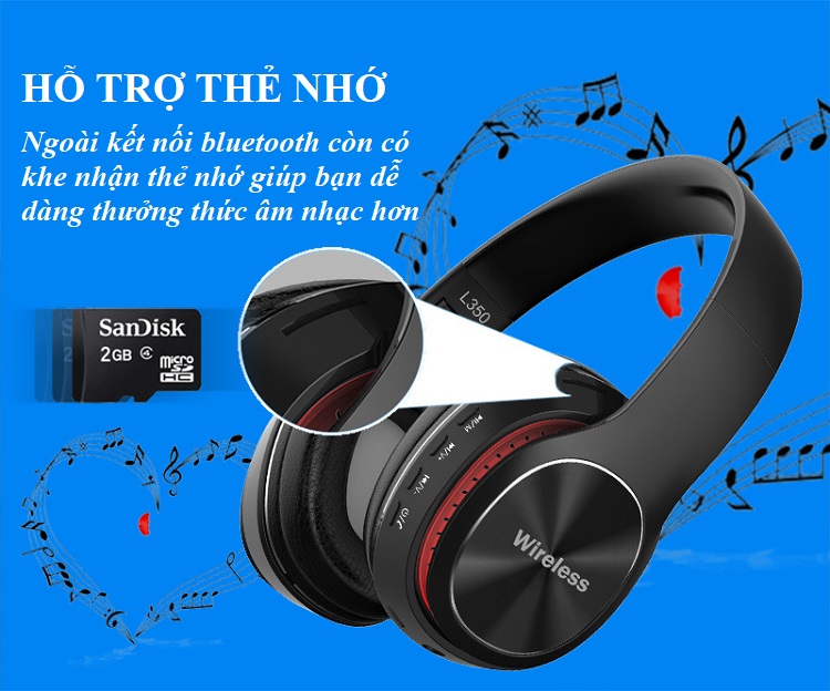 Tai nghe chụp tai Bluetooth L350 (3 Chế độ nghe: Thẻ Nhớ, Bluetooth, Cắm dây 3.5mm - Có thể gập lại gọn gàng)- Hàng Nhập Khẩu