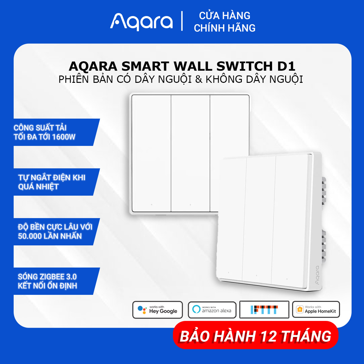 Công Tắc Thông Minh AQARA D1 Zigbee Bản Có & Không Dây Nguội Điều Khiển Từ Xa Hẹn Giờ Bật Tắt Tương Thích HomeKit Cần Hub, Hàng Chính Hãng, BH 12 Tháng