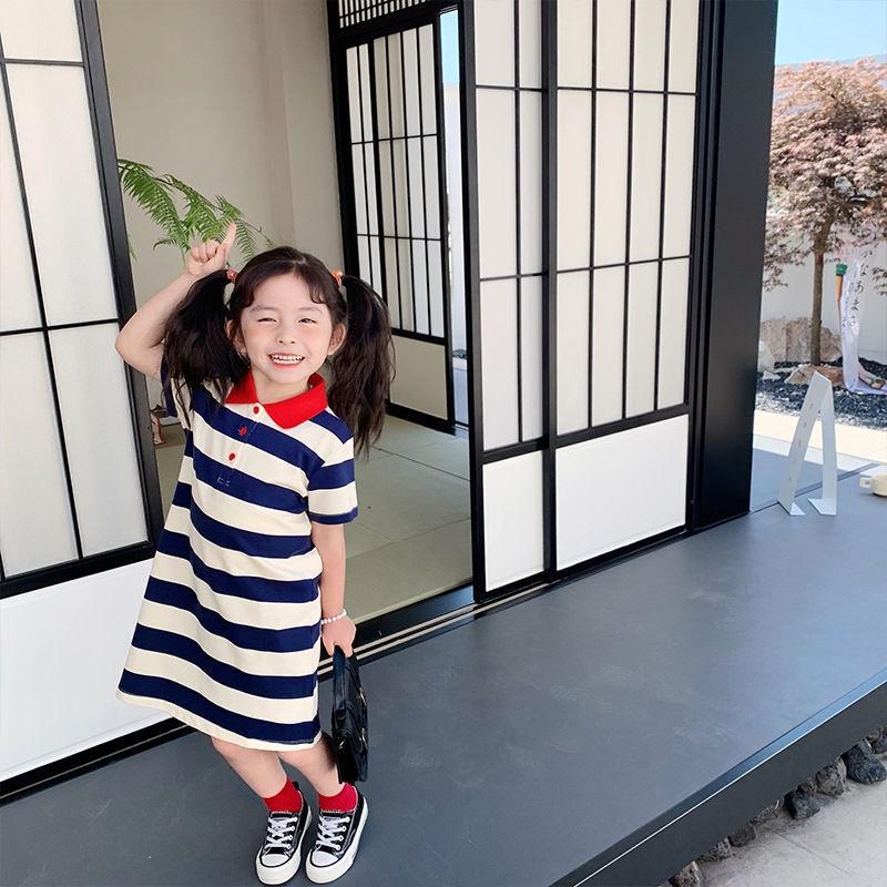 VT42 Size90-130 Váy đầm bé gái vải thun sọc ngang thoáng mát Thời trang trẻ Em hàng quảng châu