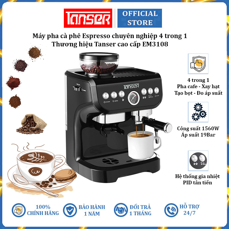 Máy pha cà phê Espresso chuyên nghiệp 4 trong 1 Tanser EM3108, công suất 1560W, áp suất 19 bar