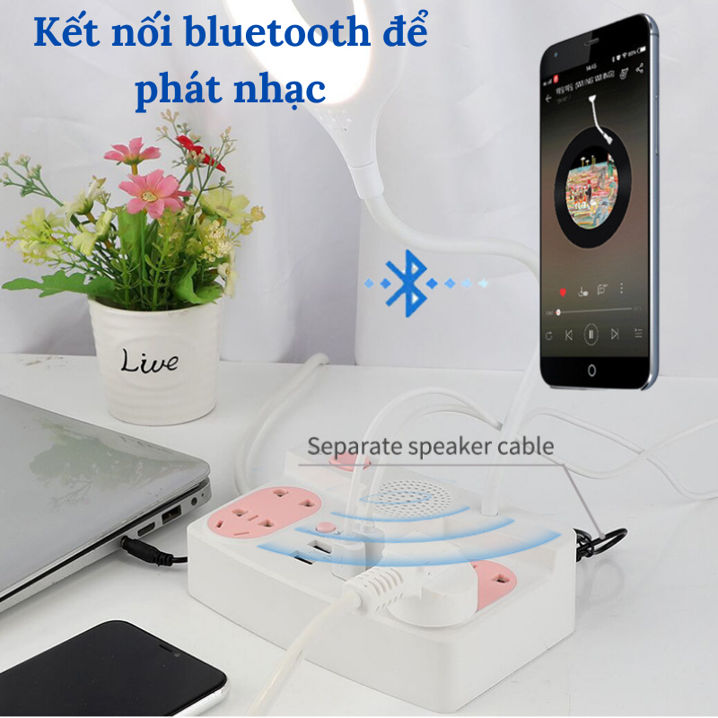 Đèn Học LED Để Bàn Tích Hợp Loa Bluetooth Và Ổ Cắm Điện Đa Năng Có 4 Cổng USB 3.5A Bugu HHT101 Có Giá Đỡ Điện Thoại Tiện Dụng