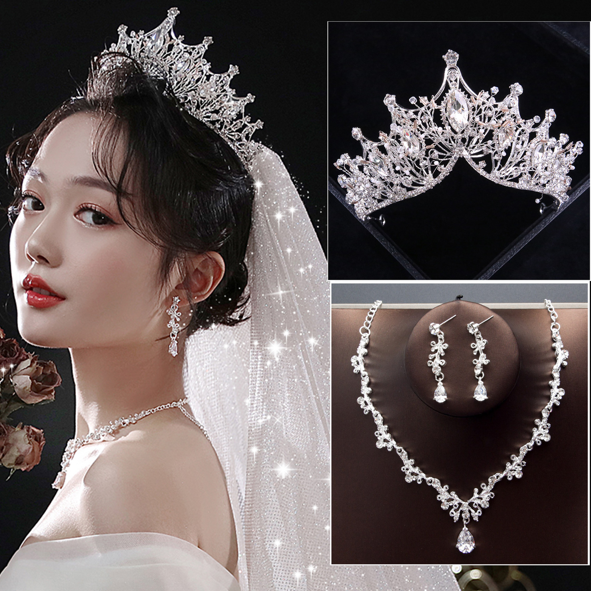 Bộ trang sức cô dâu 3 món vương miện cô dâu vòng cổ và bông tai đính đá tinh tế sang trọng