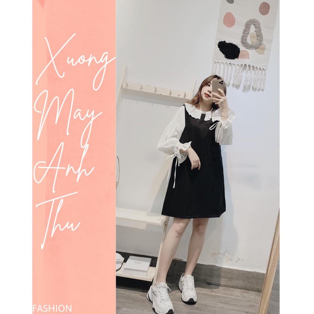 Set yếm váy kèm áo sơ mi dài tay xòe nữ - Bộ đầm 2 dây bản to thun trơn màu đen trắng, kiểu dáng bánh bèo Ulzzang