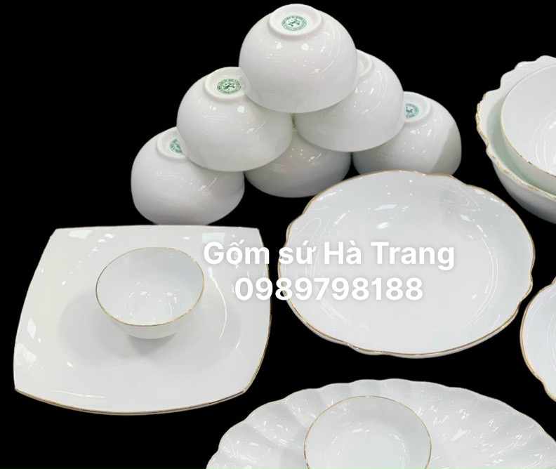 Bộ bát đĩa gốm sứ Bát Tràng cao cấp men trắng viền vàng VKĐT01