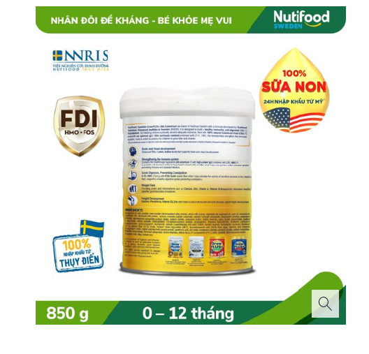 Sữa Bột GrowPLUS+ Vàng loại 0+ Sữa Non Tăng Đề Kháng 0-12 Tháng Lon 850g