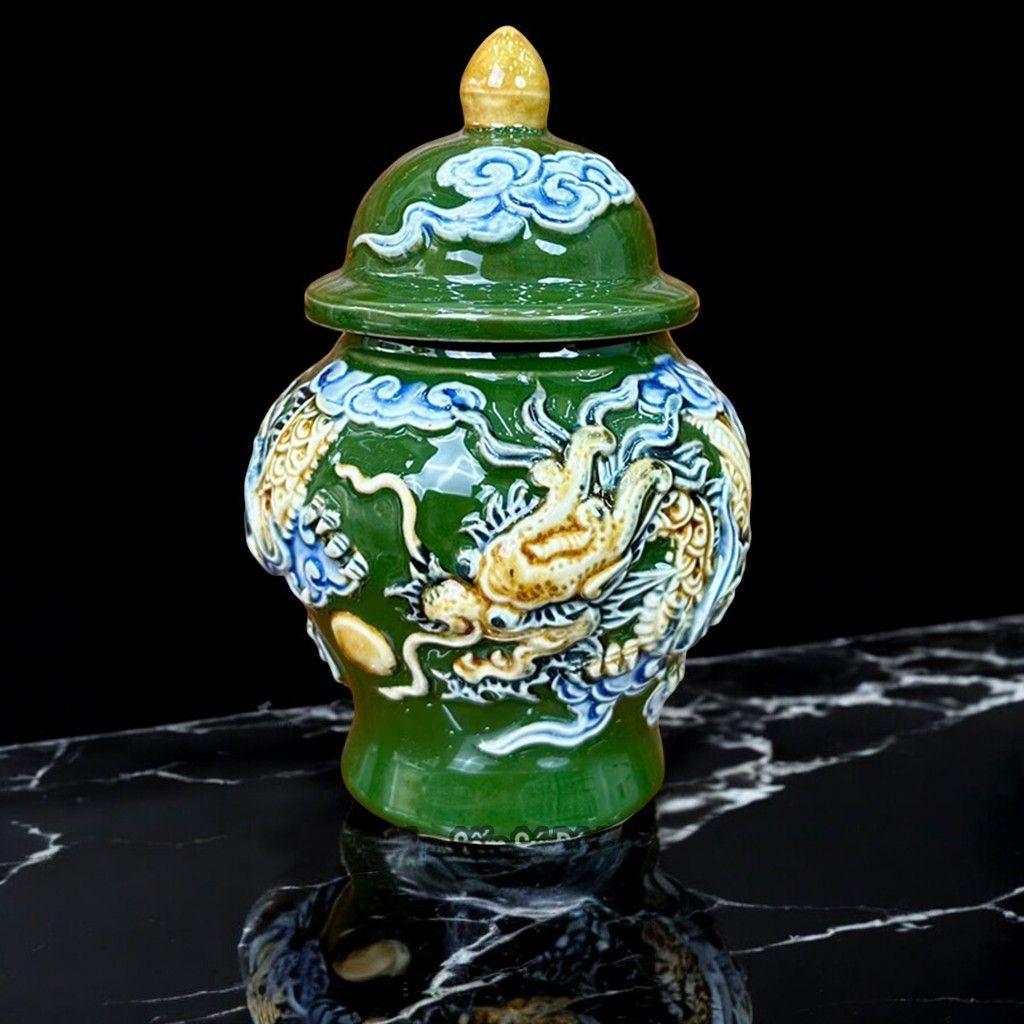 Chóe Thờ Bát Tràng Men Xanh Lá Đắp Nổi RỒNG VIỆT– Đựng Gạo Muối Nước Thờ Gia Tiên, Thần Tài