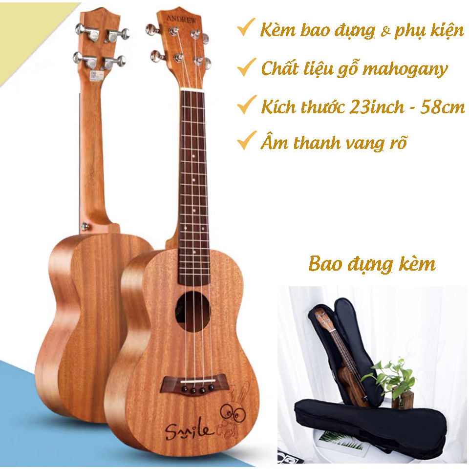 Đàn Ukulele Concert Size 23inch Gỗ Kèm Bao Đựng Đàn Và Full Phụ Kiện