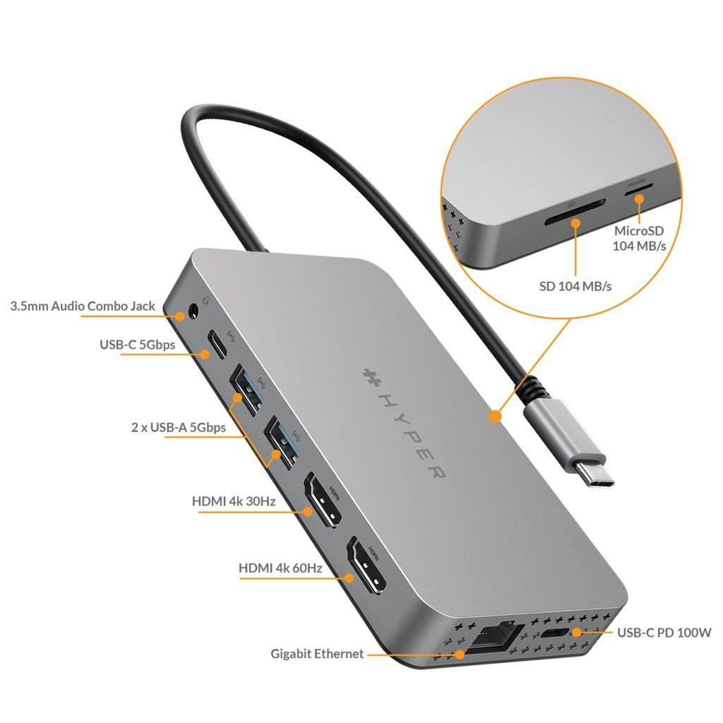 Cổng Chuyển HYPERDRIVE DUAL 4K HDMI 10-IN-1 (2 MÀN HÌNH) USB-C HUB FOR MACBOOK M1 - Hàng Chính Hãng