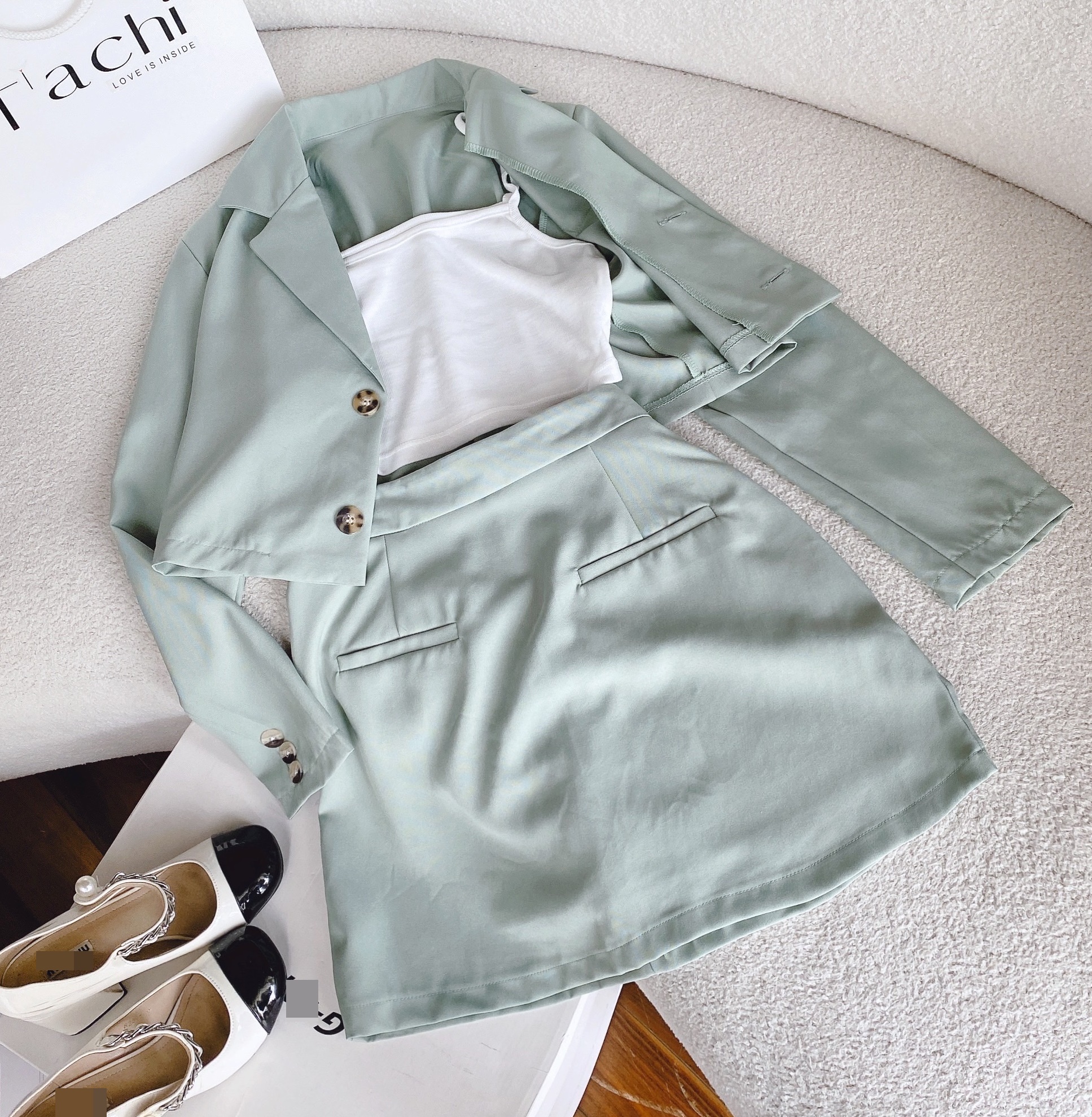 ĐẦM SET ÁO KHOÁC VEST BLAZER LỬNG SUÔNG TRƠN TAY DÀI XANH PASTEL + CHÂN VÁY CHỮ A NGẮN LƯNG CAO + ÁO CROPTOP 2 DÂY ĐI TIỆC DẠO PHỐ ĐI CHƠI CÔNG SỞ