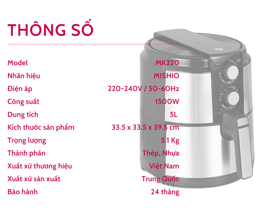 Nồi chiên không dầu vỏ kim loại Mishio MK220 5L - Hàng chính hãng