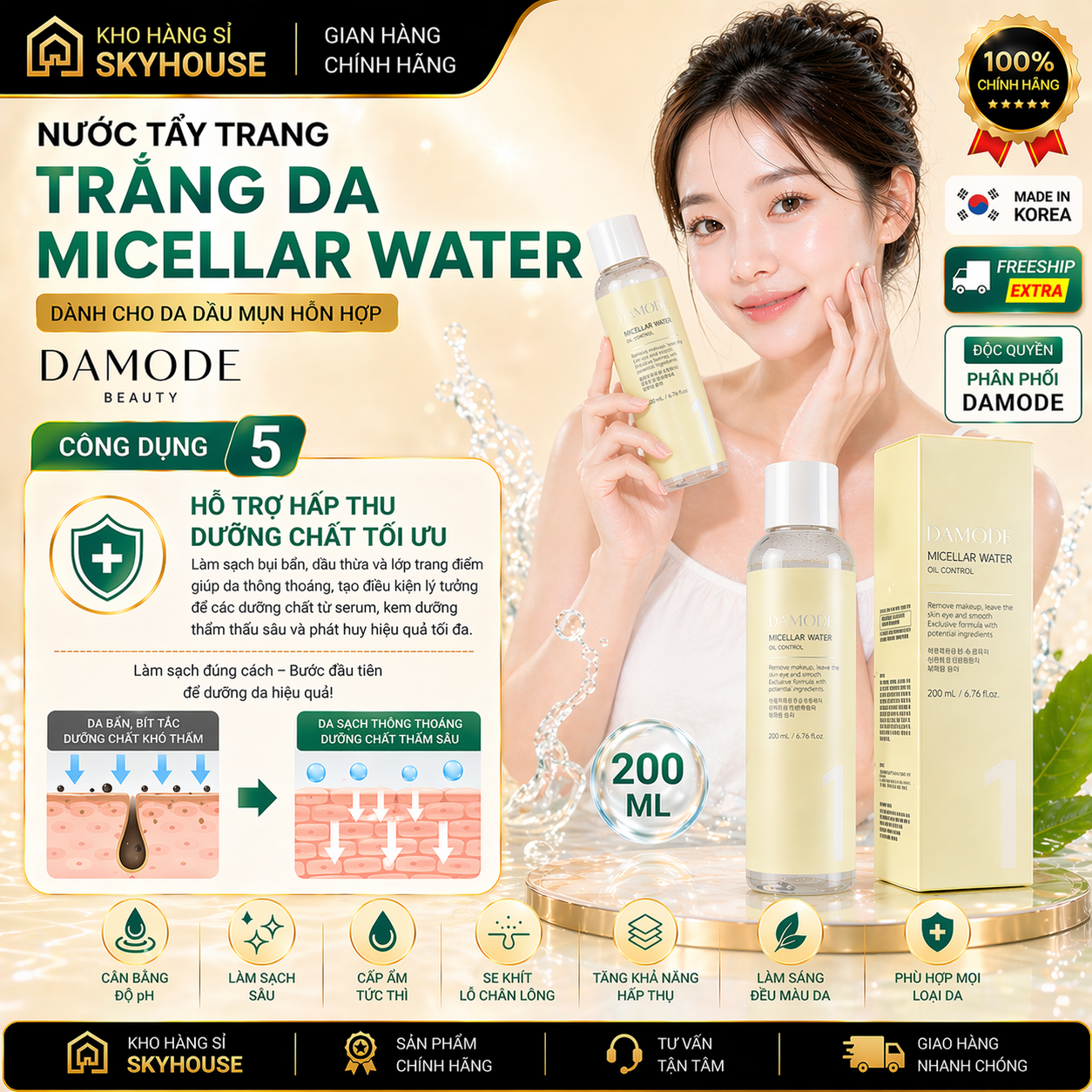 Nước tẩy trang cho da dầu mụn MICELLAR WATER DAMODE chai 200ml nước tẩy trang sạch sâu chính hãng