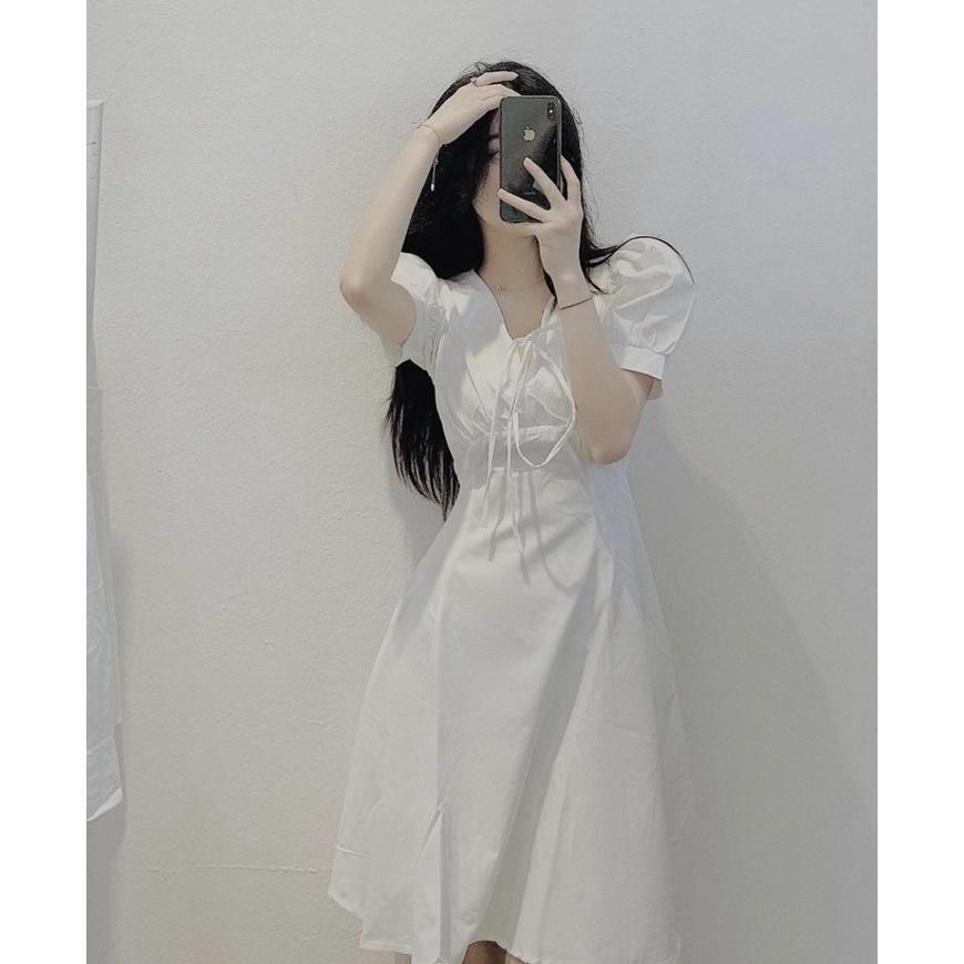 Váy Đũi Cổ V Khóa Lưng Ulzzang Hàn Quốc, Đầm Nữ Tiểu Thư Cực Xinh